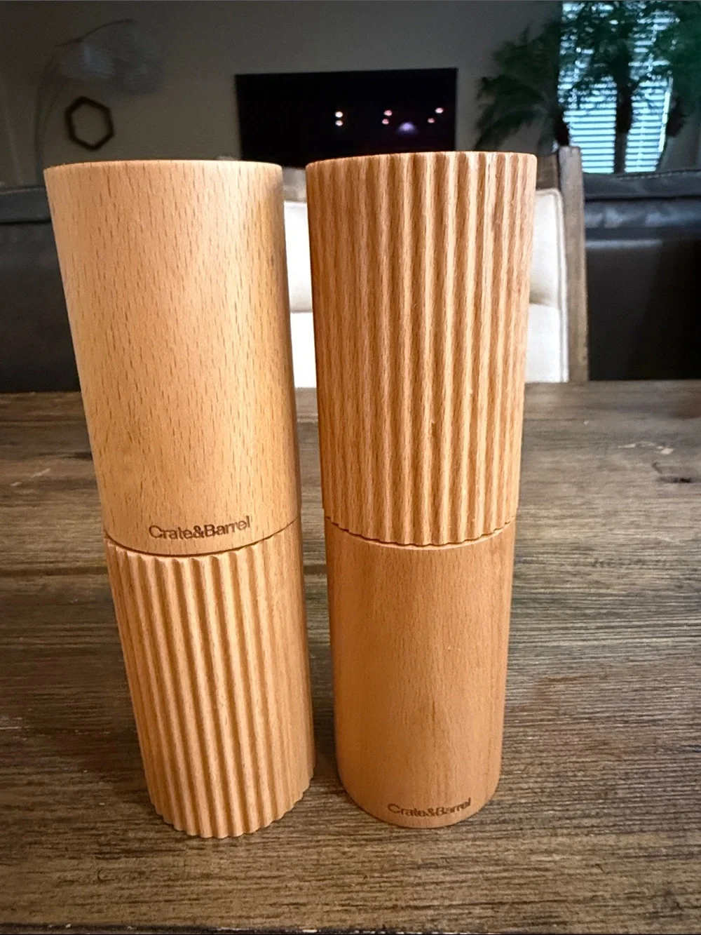Crate&Barrel Ribbed Hanno fluted Natural Wood Salt & Pepper Mills - Tan